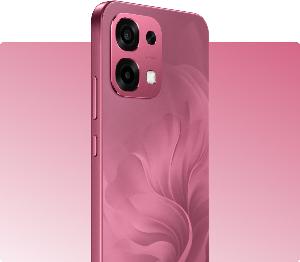 OPPO A6 Pro 5G smartphone in pink color with dual rear camera setup and floral design pattern on the back