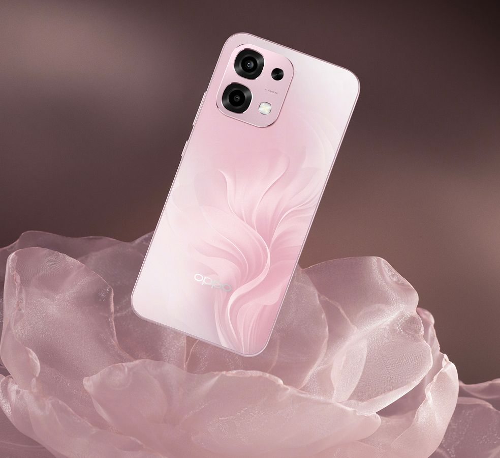 OPPO A6 Pro 5G smartphone in pink with floral design on the back